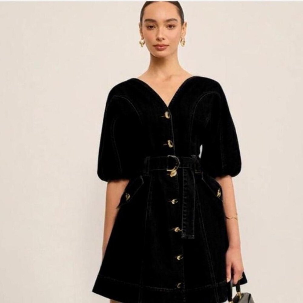 Commense Black Pocketed Belted Denim Dress - Size Medium